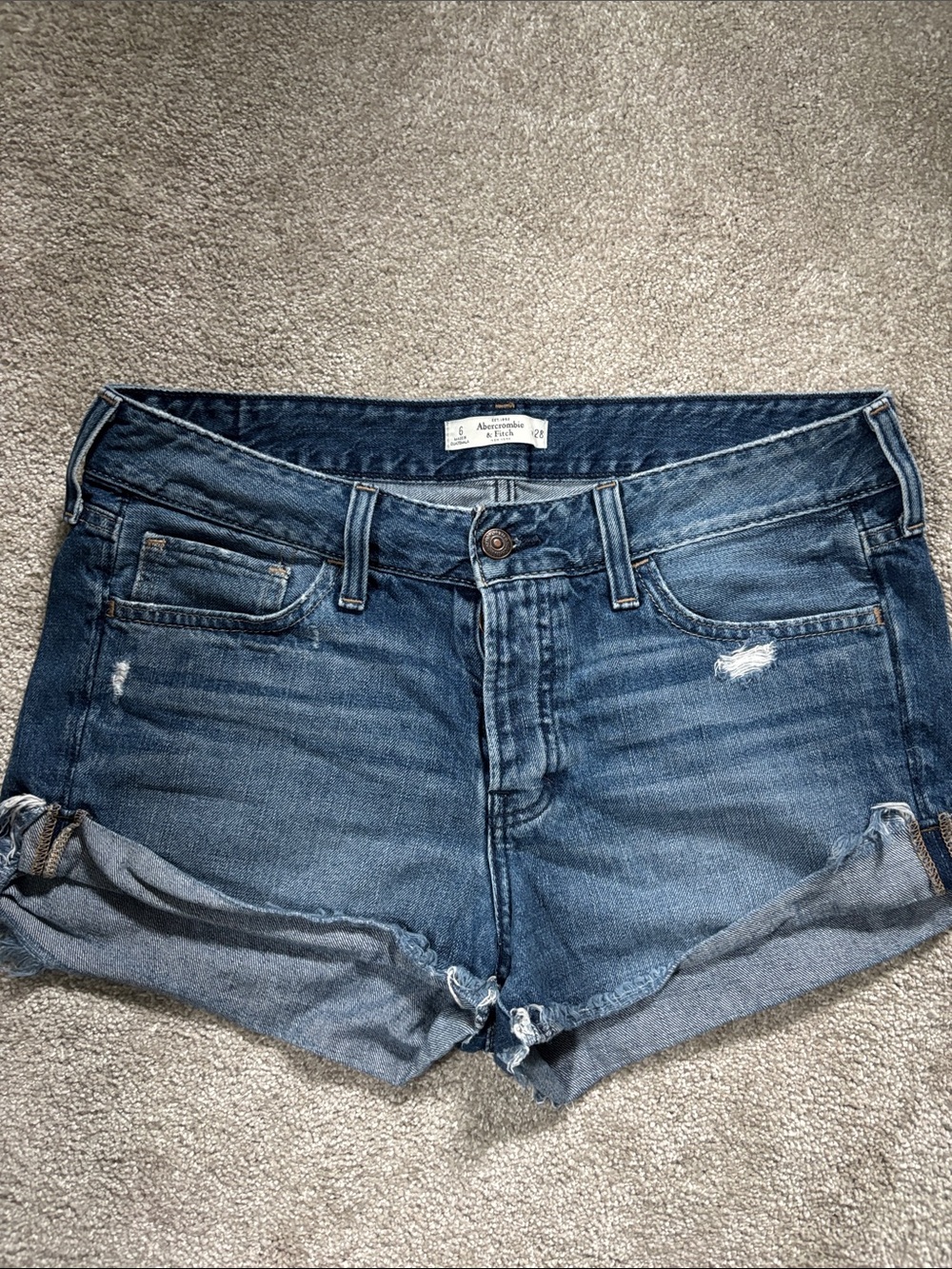 Abercrombie & Fitch Distressed Dark Blue Denim Roll-Cuff Shorts